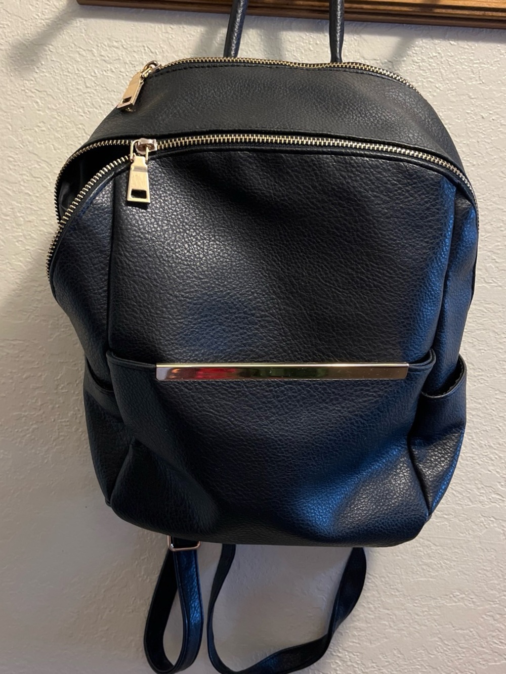 Black Faux Leather Backpack with Gold Hardware
